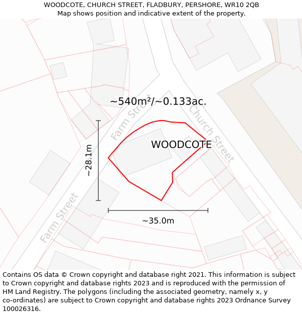 WOODCOTE, CHURCH STREET, FLADBURY, PERSHORE, WR10 2QB: Plot and title map