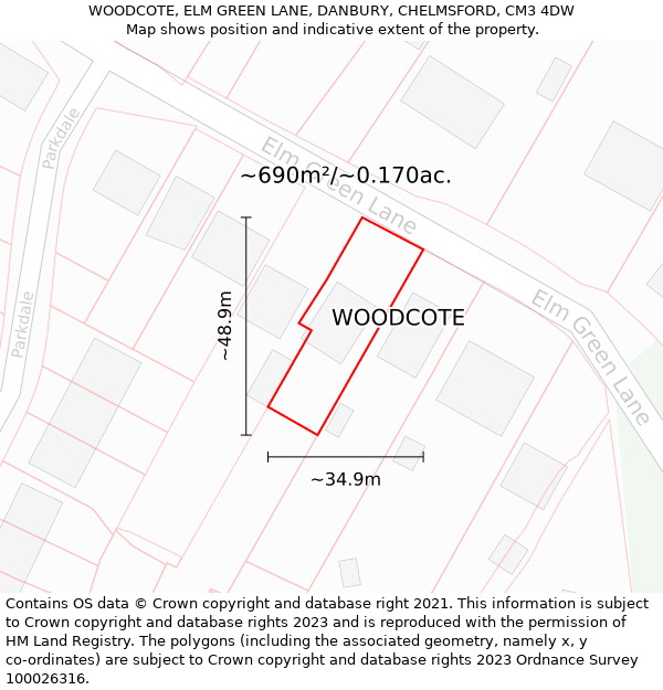 WOODCOTE, ELM GREEN LANE, DANBURY, CHELMSFORD, CM3 4DW: Plot and title map