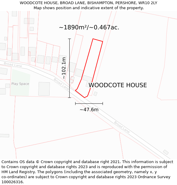 WOODCOTE HOUSE, BROAD LANE, BISHAMPTON, PERSHORE, WR10 2LY: Plot and title map