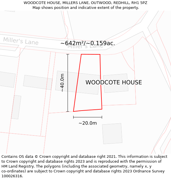 WOODCOTE HOUSE, MILLERS LANE, OUTWOOD, REDHILL, RH1 5PZ: Plot and title map