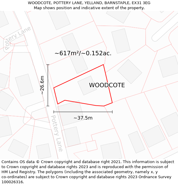 WOODCOTE, POTTERY LANE, YELLAND, BARNSTAPLE, EX31 3EG: Plot and title map
