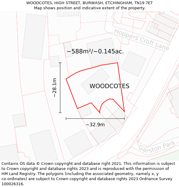WOODCOTES, HIGH STREET, BURWASH, ETCHINGHAM, TN19 7ET: Plot and title map