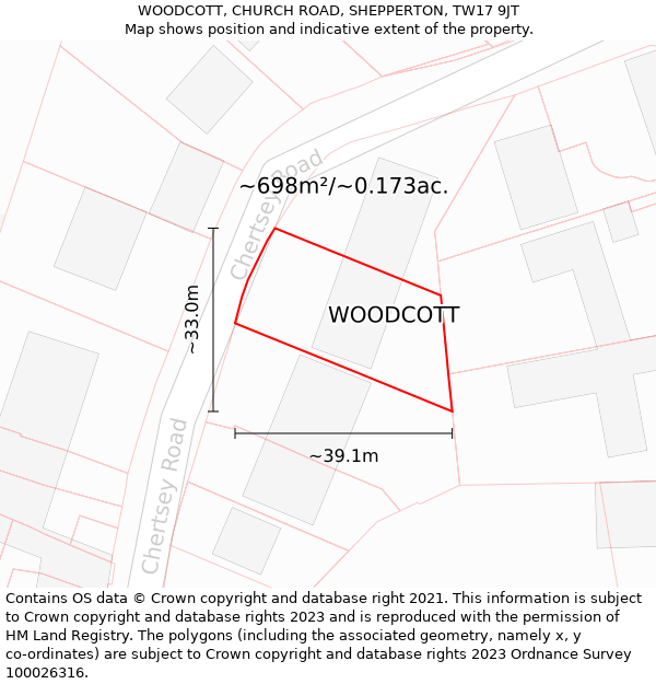 WOODCOTT, CHURCH ROAD, SHEPPERTON, TW17 9JT: Plot and title map