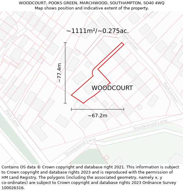 WOODCOURT, POOKS GREEN, MARCHWOOD, SOUTHAMPTON, SO40 4WQ: Plot and title map