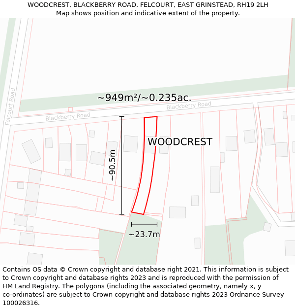 WOODCREST, BLACKBERRY ROAD, FELCOURT, EAST GRINSTEAD, RH19 2LH: Plot and title map