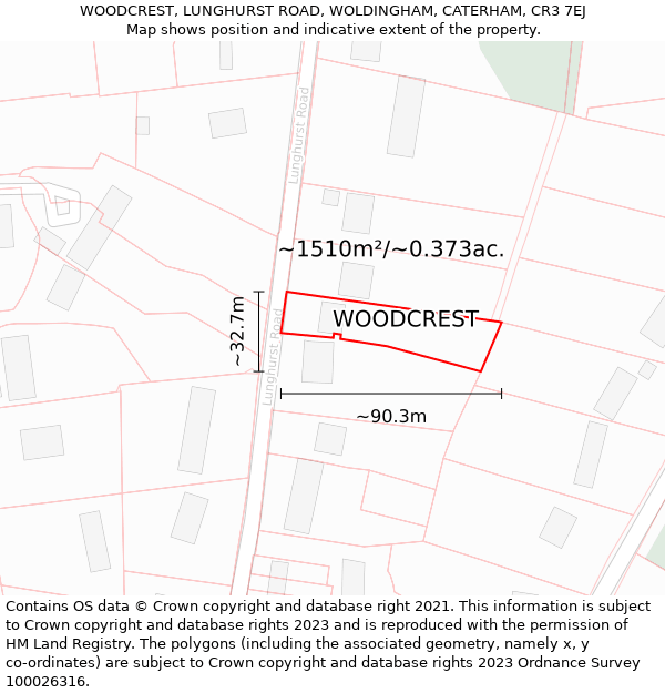 WOODCREST, LUNGHURST ROAD, WOLDINGHAM, CATERHAM, CR3 7EJ: Plot and title map