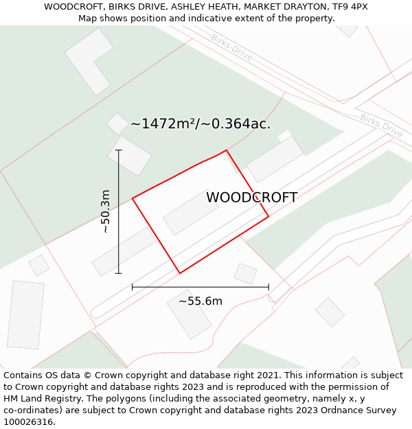 WOODCROFT, BIRKS DRIVE, ASHLEY HEATH, MARKET DRAYTON, TF9 4PX: Plot and title map