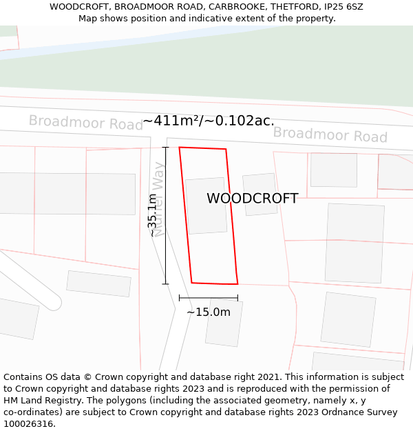 WOODCROFT, BROADMOOR ROAD, CARBROOKE, THETFORD, IP25 6SZ: Plot and title map