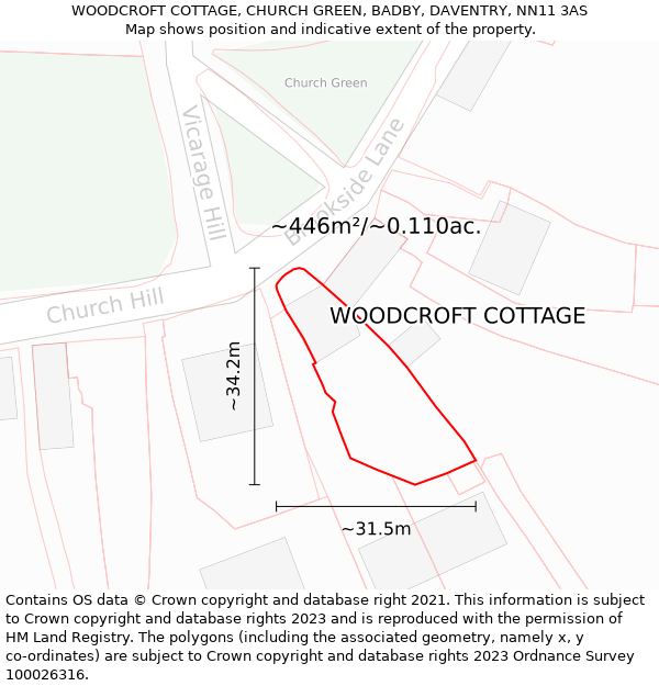 WOODCROFT COTTAGE, CHURCH GREEN, BADBY, DAVENTRY, NN11 3AS: Plot and title map