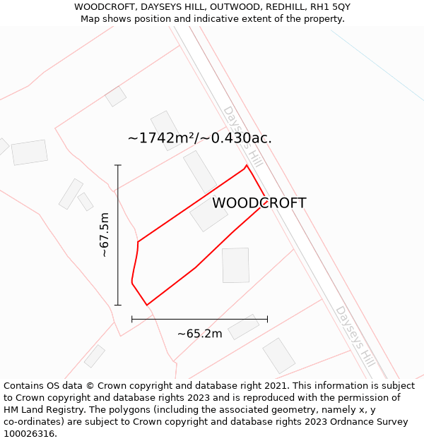 WOODCROFT, DAYSEYS HILL, OUTWOOD, REDHILL, RH1 5QY: Plot and title map