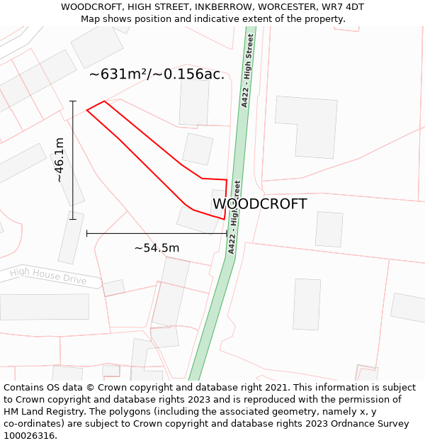 WOODCROFT, HIGH STREET, INKBERROW, WORCESTER, WR7 4DT: Plot and title map