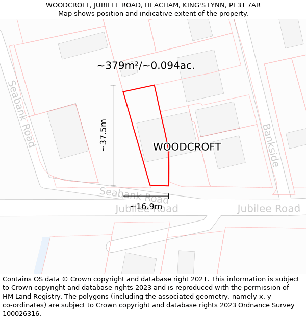 WOODCROFT, JUBILEE ROAD, HEACHAM, KING'S LYNN, PE31 7AR: Plot and title map