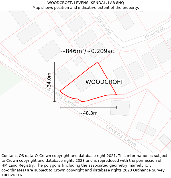 WOODCROFT, LEVENS, KENDAL, LA8 8NQ: Plot and title map