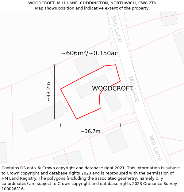 WOODCROFT, MILL LANE, CUDDINGTON, NORTHWICH, CW8 2TA: Plot and title map