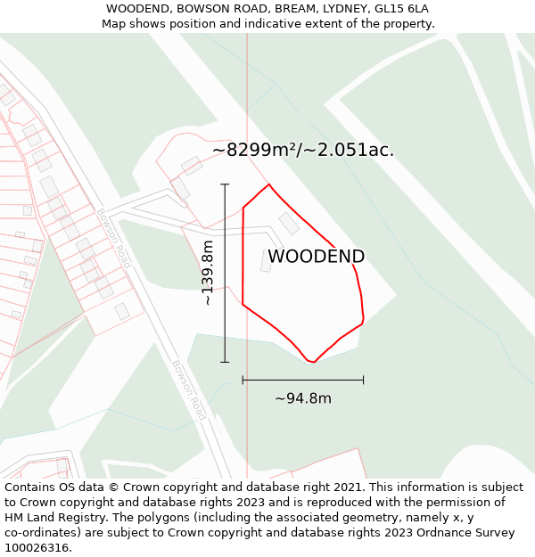 WOODEND, BOWSON ROAD, BREAM, LYDNEY, GL15 6LA: Plot and title map