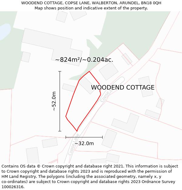 WOODEND COTTAGE, COPSE LANE, WALBERTON, ARUNDEL, BN18 0QH: Plot and title map