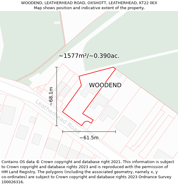 WOODEND, LEATHERHEAD ROAD, OXSHOTT, LEATHERHEAD, KT22 0EX: Plot and title map