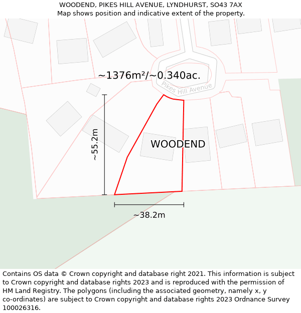 WOODEND, PIKES HILL AVENUE, LYNDHURST, SO43 7AX: Plot and title map