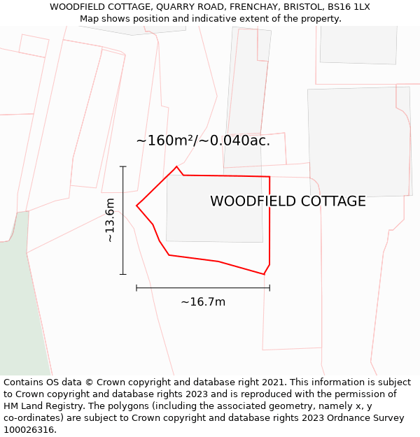 WOODFIELD COTTAGE, QUARRY ROAD, FRENCHAY, BRISTOL, BS16 1LX: Plot and title map