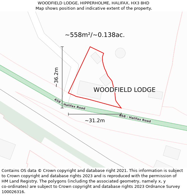 WOODFIELD LODGE, HIPPERHOLME, HALIFAX, HX3 8HD: Plot and title map