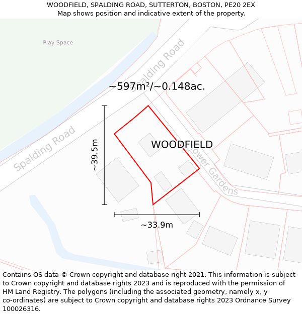 WOODFIELD, SPALDING ROAD, SUTTERTON, BOSTON, PE20 2EX: Plot and title map