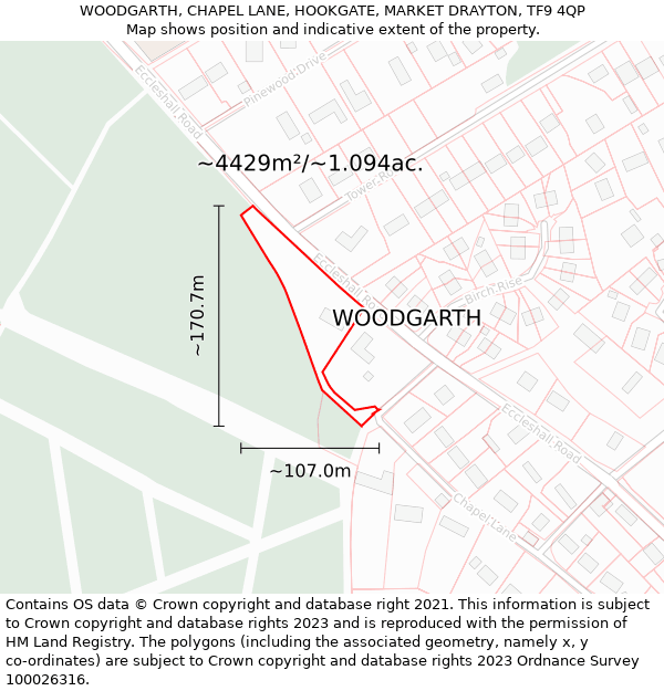 WOODGARTH, CHAPEL LANE, HOOKGATE, MARKET DRAYTON, TF9 4QP: Plot and title map