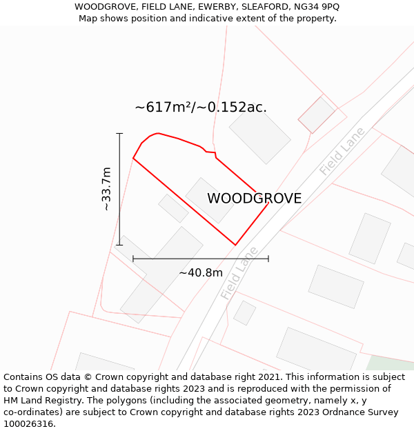 WOODGROVE, FIELD LANE, EWERBY, SLEAFORD, NG34 9PQ: Plot and title map