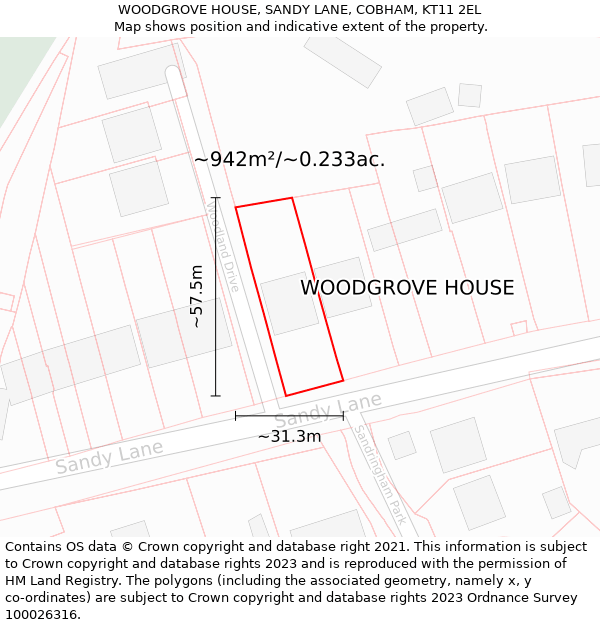 WOODGROVE HOUSE, SANDY LANE, COBHAM, KT11 2EL: Plot and title map