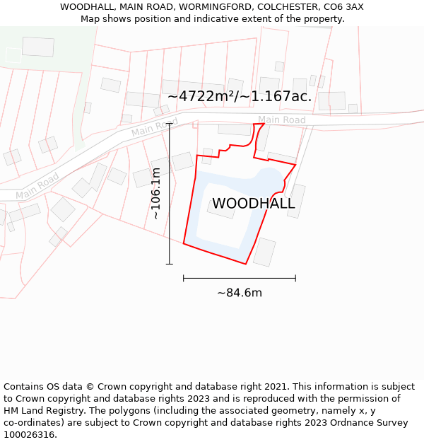 WOODHALL, MAIN ROAD, WORMINGFORD, COLCHESTER, CO6 3AX: Plot and title map