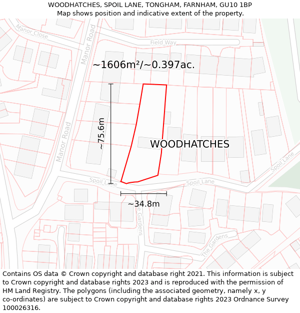 WOODHATCHES, SPOIL LANE, TONGHAM, FARNHAM, GU10 1BP: Plot and title map