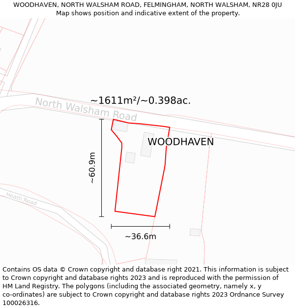 WOODHAVEN, NORTH WALSHAM ROAD, FELMINGHAM, NORTH WALSHAM, NR28 0JU: Plot and title map