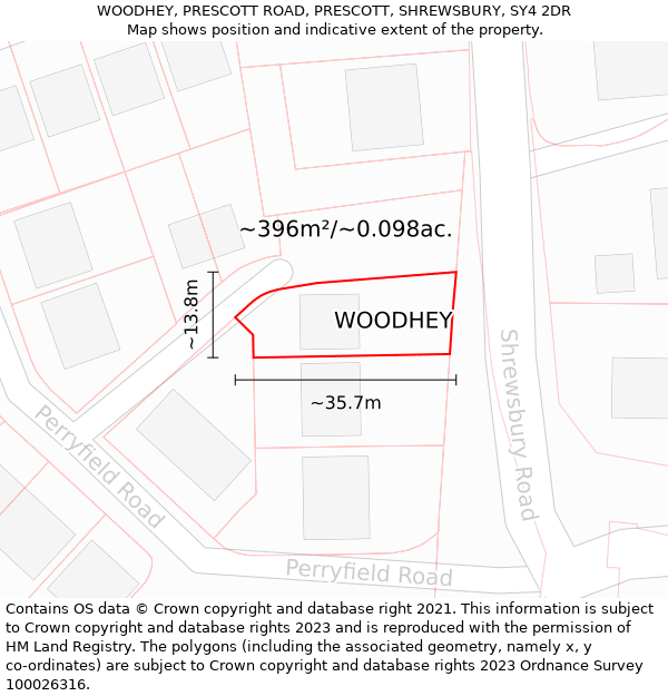 WOODHEY, PRESCOTT ROAD, PRESCOTT, SHREWSBURY, SY4 2DR: Plot and title map