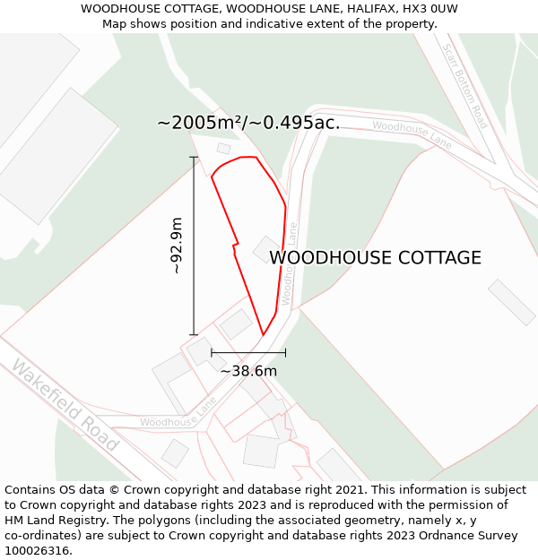 WOODHOUSE COTTAGE, WOODHOUSE LANE, HALIFAX, HX3 0UW: Plot and title map