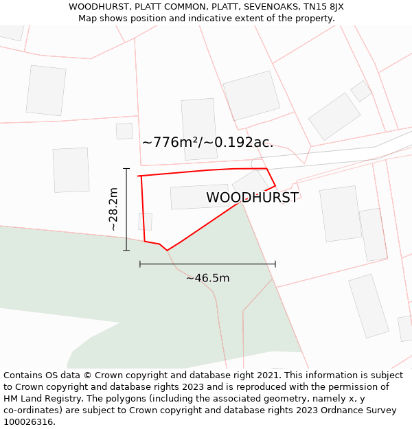 WOODHURST, PLATT COMMON, PLATT, SEVENOAKS, TN15 8JX: Plot and title map