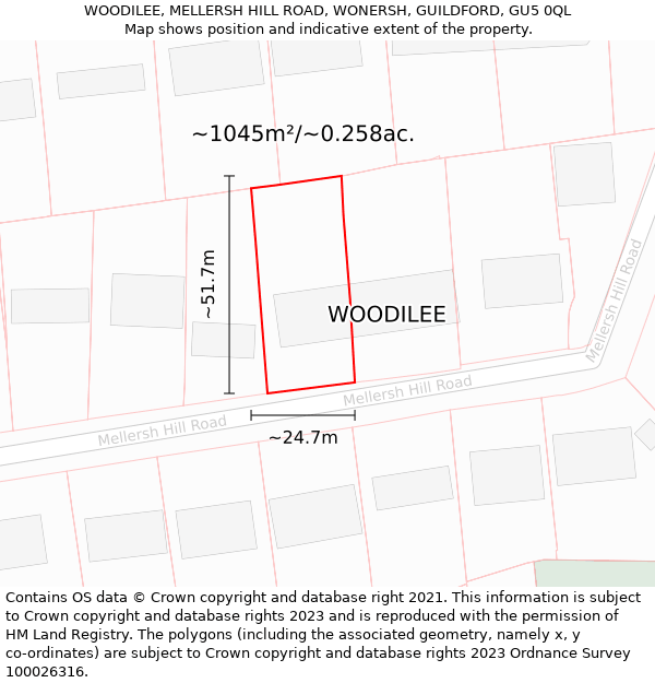 WOODILEE, MELLERSH HILL ROAD, WONERSH, GUILDFORD, GU5 0QL: Plot and title map