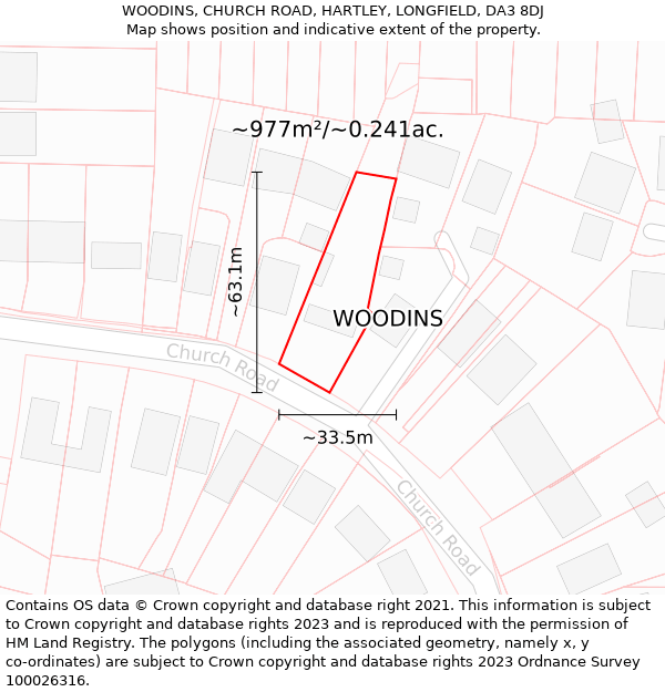 WOODINS, CHURCH ROAD, HARTLEY, LONGFIELD, DA3 8DJ: Plot and title map