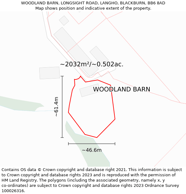 WOODLAND BARN, LONGSIGHT ROAD, LANGHO, BLACKBURN, BB6 8AD: Plot and title map