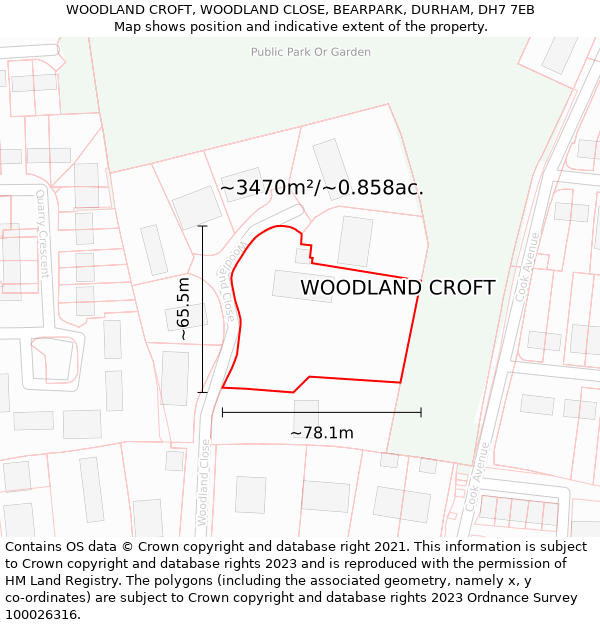 WOODLAND CROFT, WOODLAND CLOSE, BEARPARK, DURHAM, DH7 7EB: Plot and title map