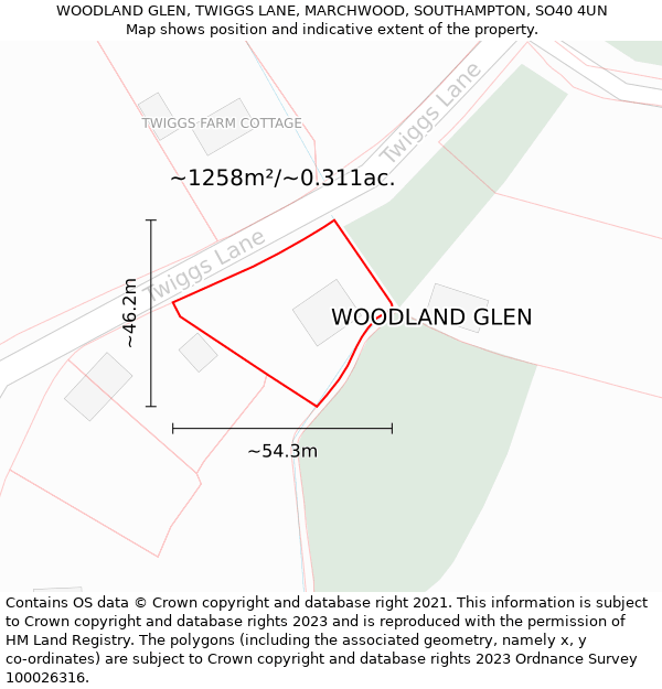 WOODLAND GLEN, TWIGGS LANE, MARCHWOOD, SOUTHAMPTON, SO40 4UN: Plot and title map