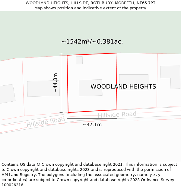 WOODLAND HEIGHTS, HILLSIDE, ROTHBURY, MORPETH, NE65 7PT: Plot and title map