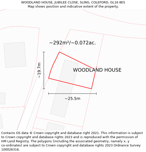 WOODLAND HOUSE, JUBILEE CLOSE, SLING, COLEFORD, GL16 8ES: Plot and title map