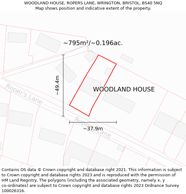 WOODLAND HOUSE, ROPERS LANE, WRINGTON, BRISTOL, BS40 5NQ: Plot and title map