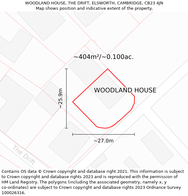 WOODLAND HOUSE, THE DRIFT, ELSWORTH, CAMBRIDGE, CB23 4JN: Plot and title map