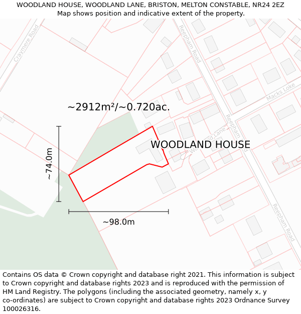 WOODLAND HOUSE, WOODLAND LANE, BRISTON, MELTON CONSTABLE, NR24 2EZ: Plot and title map