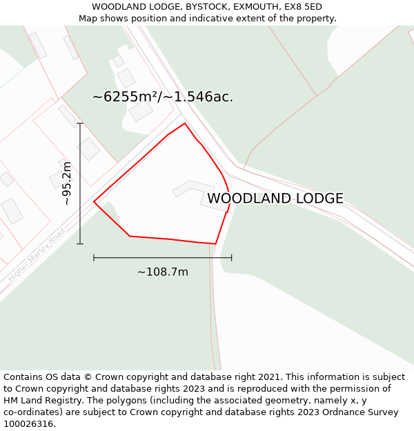 WOODLAND LODGE, BYSTOCK, EXMOUTH, EX8 5ED: Plot and title map