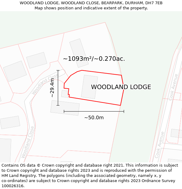 WOODLAND LODGE, WOODLAND CLOSE, BEARPARK, DURHAM, DH7 7EB: Plot and title map