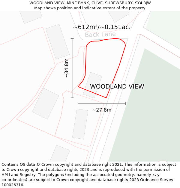 WOODLAND VIEW, MINE BANK, CLIVE, SHREWSBURY, SY4 3JW: Plot and title map