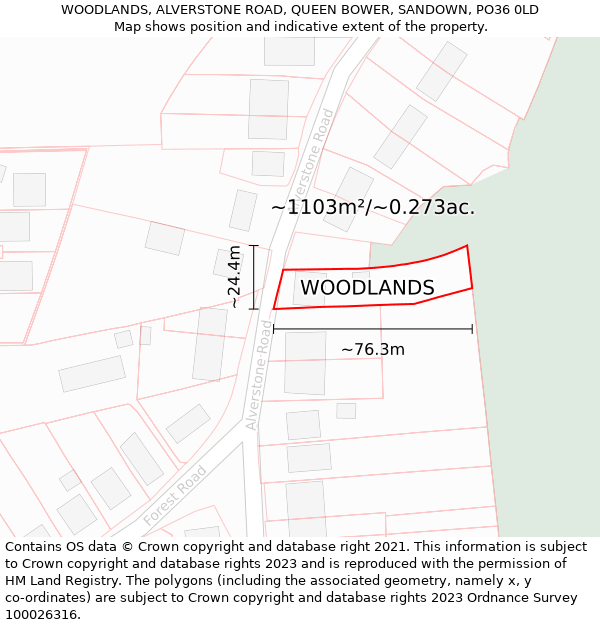 WOODLANDS, ALVERSTONE ROAD, QUEEN BOWER, SANDOWN, PO36 0LD: Plot and title map