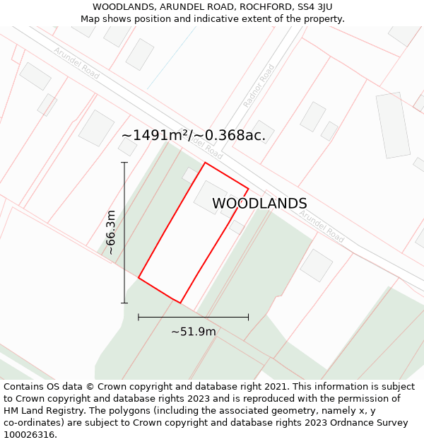 WOODLANDS, ARUNDEL ROAD, ROCHFORD, SS4 3JU: Plot and title map