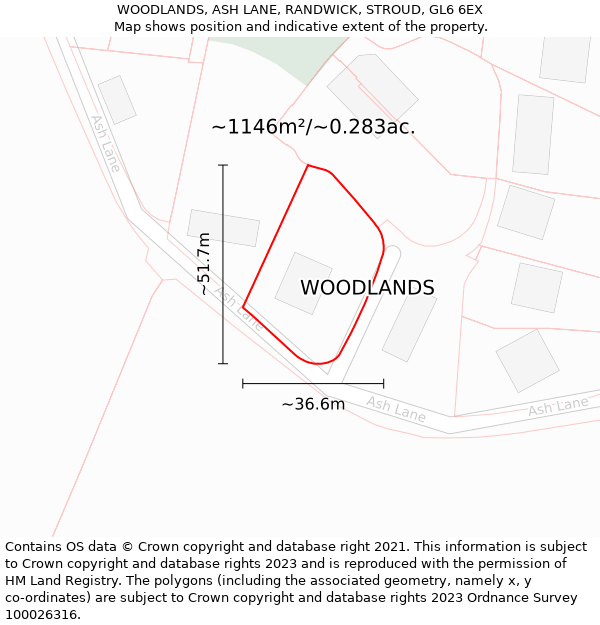 WOODLANDS, ASH LANE, RANDWICK, STROUD, GL6 6EX: Plot and title map